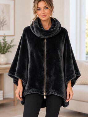 Black Faux Fur Cape Poncho Cowl Neck Gold Zip Goth Glam Mob Wife Quiet Luxury